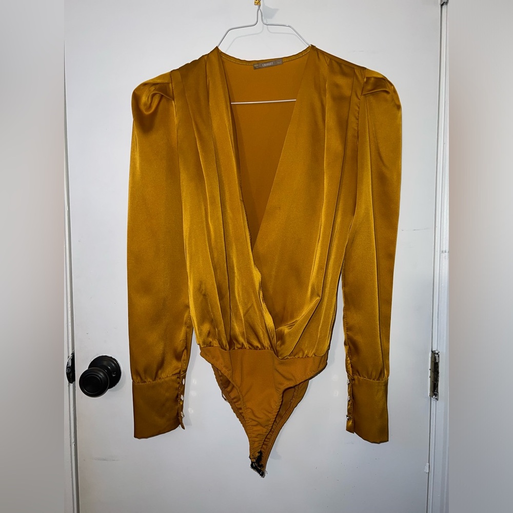 Elegant Gold Satin Bodysuit Top